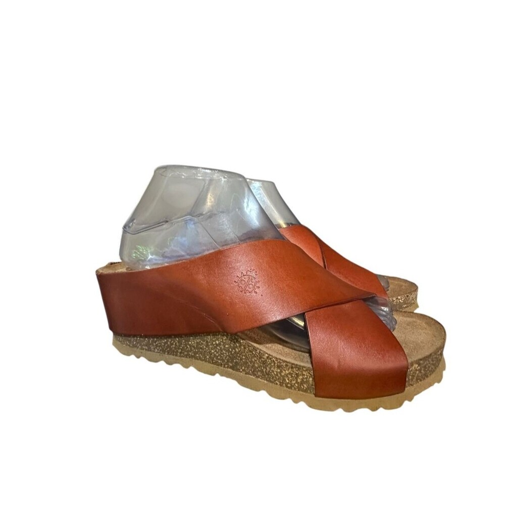 Yokono Spain Brown Leather Cross Over Strap Slide Boho Cork Wedge Sandal Sz 9